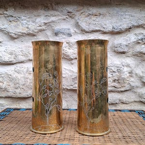 WW1 German Trench Art Shells: Aisne 1917 Engraved Brass - Pair