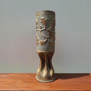 French WW1 Trench Art Shell: Engraved Brass Vase, 1917
