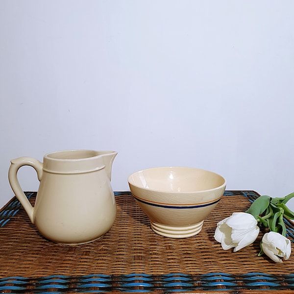 Vintage French Coffee Bowl and Jug, Cafe Au Lait Bowl, Serving Bowl, French Latte Bowl, French Style, Sarreguemines Pottery Bowl.