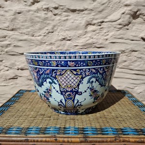 Vintage  Large Planter or Bowl, Gien French Pottery, Ceramic Planter, Hand Painted Floral Pattern, Plant Pot, Cachepot, Circa 1875.