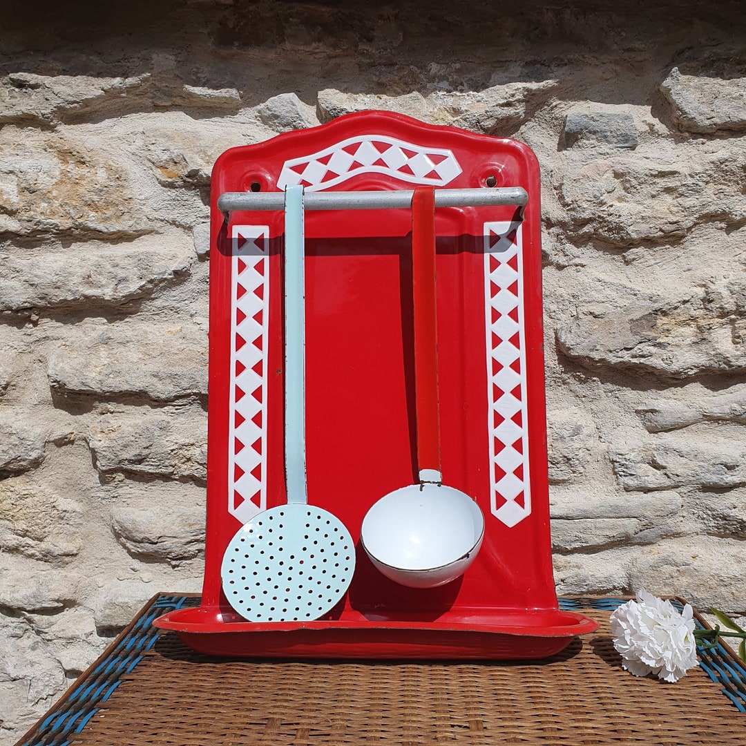 Vintage Enamel Utensil Rack With Utensils, Red and White, Drip Tray