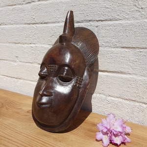 Vintage African Tribal Mask with Horn Hat/Head Dress, Hand Carved Wooden Mask, 1970s, Folk Art, Wall Mask, Handcrafted African Decor.