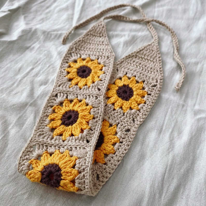 Crochet Sunflower Bohemian Headband Boho Tie Back Bandana image 7