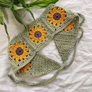 Crochet Sunflower Bohemian Headband Boho Tie Back Bandana Green