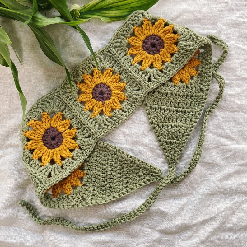 Crochet Sunflower Bohemian Headband Boho Tie Back Bandana Green