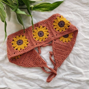 Crochet Sunflower Bohemian Headband Boho Tie Back Bandana Dusty Red/Pink
