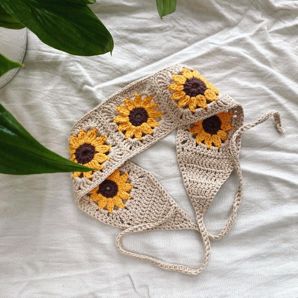 Crochet Sunflower Bohemian Headband | Boho Tie Back Bandana