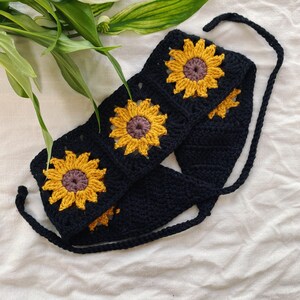 Crochet Sunflower Bohemian Headband Boho Tie Back Bandana Black