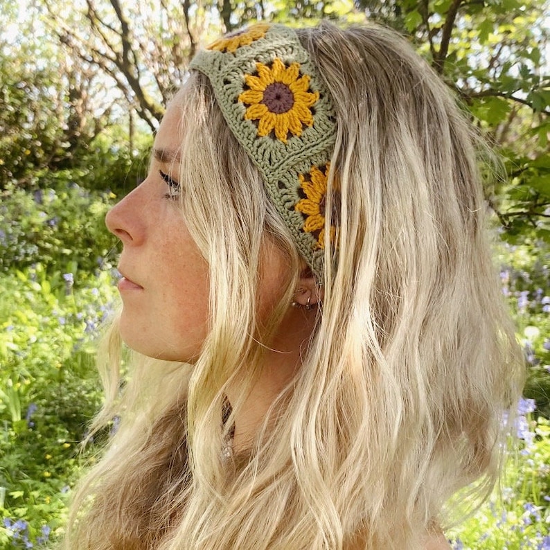 Crochet Sunflower Bohemian Headband Boho Tie Back Bandana image 1