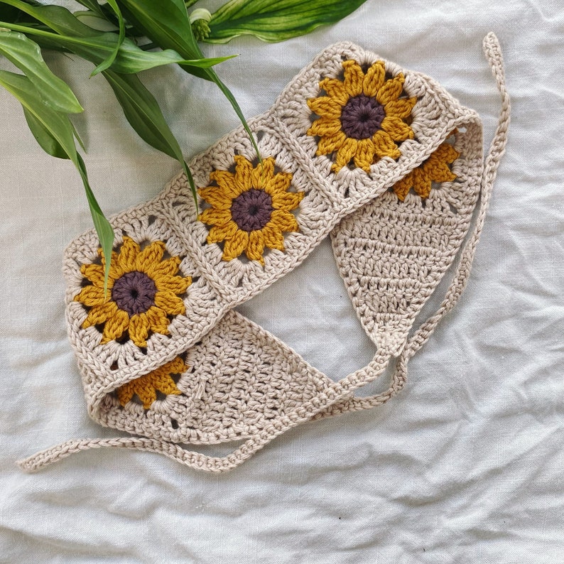 Crochet Sunflower Bohemian Headband Boho Tie Back Bandana Beige