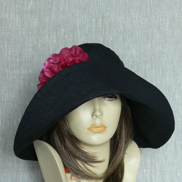 Linen hat/Summer Hat/Women's Hat/Oeko Tex/Beach Set/Wide-brimmed Hat/Black linen hat/Black Hat/Women's wide-brimmed hat
