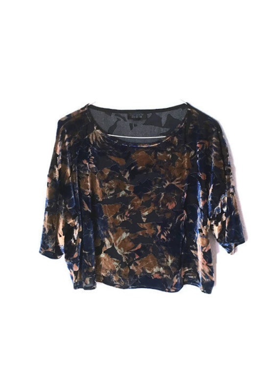 Navy Floral Velvet Burnout Top small- medium 80's