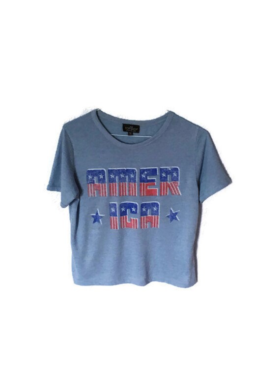 red white and blue graphic tee