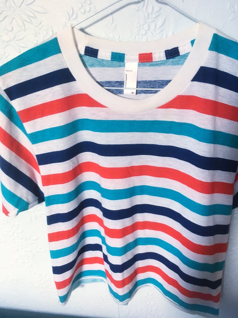 Striped Crop Tee T Shirt Blue Green Red 