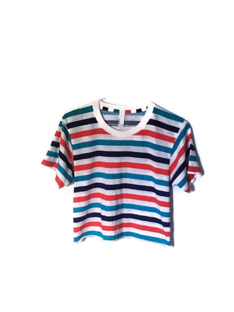 Striped Crop Tee T Shirt Blue Green Red 