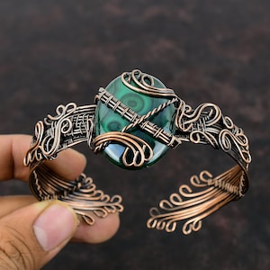 Malachite Cuff Bracelet Copper Wire Wrapped Bangle Adjustable Bangle Handmade Jewelry Gemstone Bracelet Antique Copper Jewelry Wedding Gift