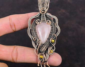 Rose Quartz Pendant Copper Wire Wrapped Pendant Rose Quartz Jewelry Handmade Pendant Gemstone Copper Jewelry Amazing Pendant Gift For Women