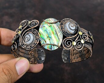 Abalone Shell Cuff Bracelet Copper Wire Wrapped Rainbow Moonstone Bangle Adjustable Cuff Bracelet Copper Wire Jewelry Handmade Gemstone Cuff
