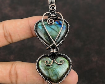 Labradorite Gemstone Pendant Copper Wire Wrapped Pendant Handmade Pendant Copper Wire Jewelry Gift For Mom Labradorite Jewelry Heart Pendant