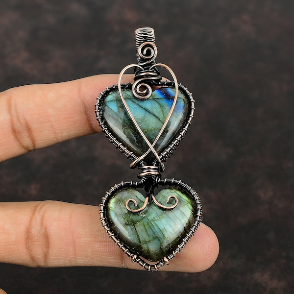 Labradorite Gemstone Pendant Copper Wire Wrapped Pendant Handmade Pendant Copper Wire Jewelry Gift For Mom Labradorite Jewelry Heart Pendant