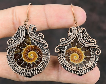 Ammonite Fossil Copper Earring Copper Wire Wrapped Earring Gemstone Copper Jewelry Handmade Earring Gift For Mom Ammonite Fossil Jewelry