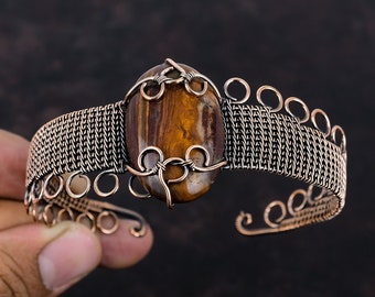 Red Snakeskin Jasper Cuff Bracelet Copper Wire Wrapped Jewelry Adjustable Bangle Handmade Copper Wire Wrap Bangle Gemstone Bracelet For Gift