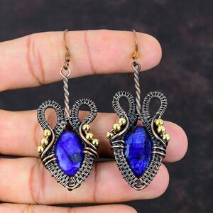 Faceted Blue Sapphire Earring Copper Wire Wrapped Earrings Blue Sapphire Gemstone Jewelry Handmade Designer Earring Copper Jewelry For Gift