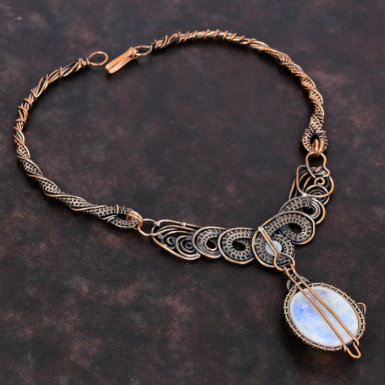 Rainbow Moonstone Necklace Copper Wire Wrapped Necklace Natural Gemstone Jewelry Handmade Elegant Necklace Copper Wire Jewelry Gift For Her image 9