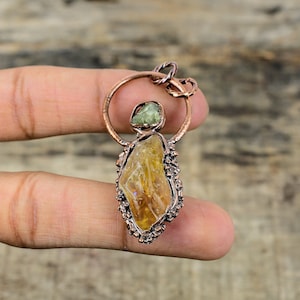 Citrine Rough Gemstone Pendant Electroformed Copper Pendant Handmade Green Tourmaline Rough Pendant Electroformed Copper Jewelry For Gift