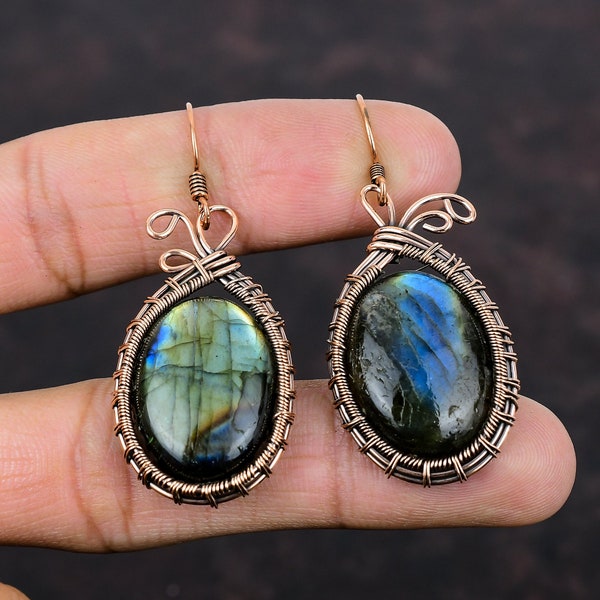 Labradorite Gemstone Earring Copper Wire Wrapped Earrings Handmade Jewelry Dangle Earring Copper Wire Jewelry Unique Earring Engagement Gift