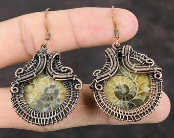 Ammonite Fossil Copper Earring Copper Wire Wrapped Earring Gemstone Copper Jewelry Handmade Earring Ammonite Fossil Jewelry Gifts For Friend