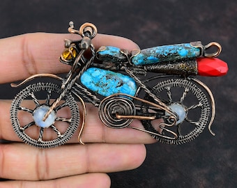Tibetan Turquoise Gemstone Pendant Copper Wire Wrapped Pendant Vintage Bike Pendant Multi Stone Copper Jewelry Handmade Motorcycle Pendant