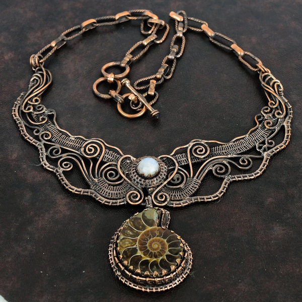 Ammonite Fossil Necklace Copper Wire Wrapped Necklace Handmade Copper Jewelry Rainbow Moonstone Gemstone Necklace Wire Wrap Jewelry For Gift