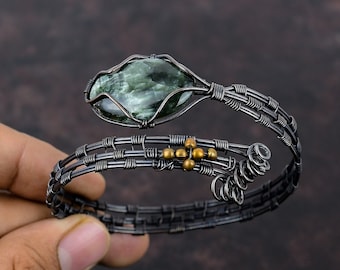 Seraphinite Bangle Gemstone Cuff Bracelet Copper Wire Wrapped Bangle Handmade Copper Jewelry Adjustable Bangle Wire Wrapped Jewelry For Gift