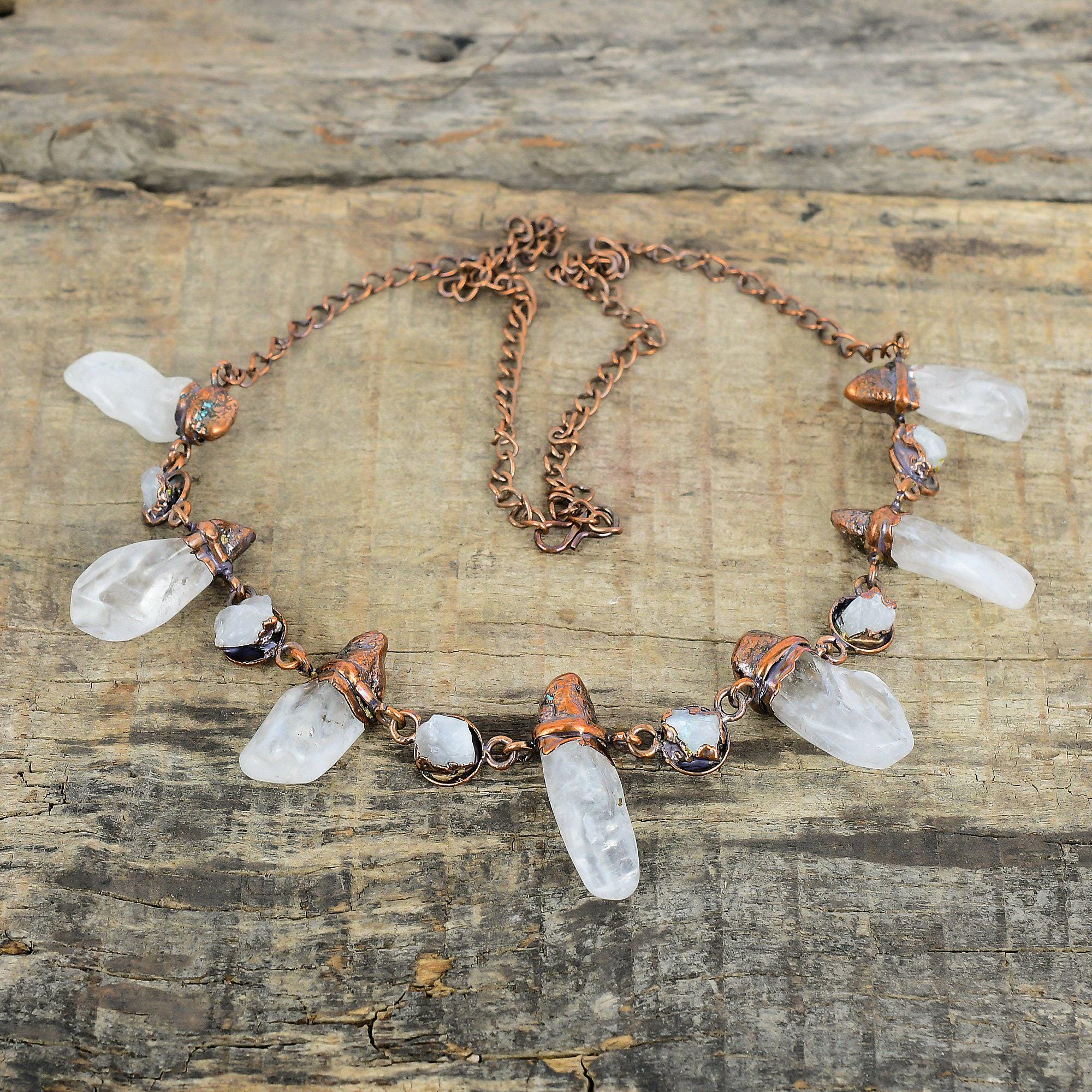 Rainbow Moonstone Rough Necklace Electroformed Copper Necklace