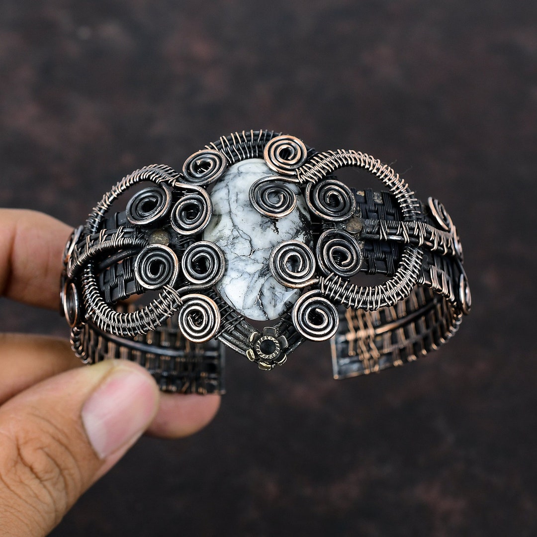 Pinolith Jasper Bangle Copper Wire Wrapped Cuff Bracelet Handmade ...