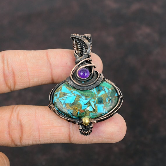 Copper Blue Turquoise Pendant Copper Wire Wrapped Jewelry Gemstone