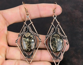 May include: A pair of handcrafted earrings featuring oval-shaped, speckled gemstones set within a copper wire frame. The earrings have a diamond-shaped design with intricate wire wrapping, and copper ear wires.