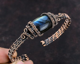 Labradorite Bangle Copper Wire Wrapped Cuff Bracelet Adjustable Bangle Gemstone Cuff Bracelet Handmade Labradorite Jewelry Gift For Friend