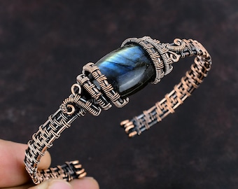 Labradorite Bangle Copper Wire Wrapped Cuff Bracelet Adjustable Bangle Gemstone Cuff Bracelet Handmade Labradorite Jewelry Gift For Friend