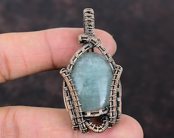 Colgante de aguamarina envuelto en alambre de cobre, elegante colgante, delicada joyería de cobre, colgante de piedra preciosa genuina, joyería hecha a mano, regalo para ella
