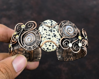 Dalmatian Jasper Cuff Bracelet Copper Wire Wrapped Bangle Rainbow Moonstone Gemstone Bracelet Adjustable Cuff Handmade Jewelry Gift For Him