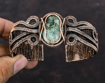 Seraphinite Cuff Bracelet Copper Wire Wrapped Bangle Handmade Real Gemstone Jewelry Copper Cuff Bracelet Adjustable Bangle Wire Wrap Jewelry