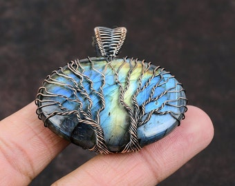 Colgante de labradorita con árbol de la vida, envuelto en alambre de cobre, joyería de árbol de la vida, colgante de piedras preciosas hecho a mano, joyería de alambre de cobre, regalo para ella