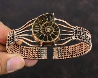Ammonite Fossil Cuff Bracelet Copper Wire Wrapped Bangle Adjustable Handmade Bangle Ammonite Fossil Copper Jewelry Natural Gemstone Bracelet