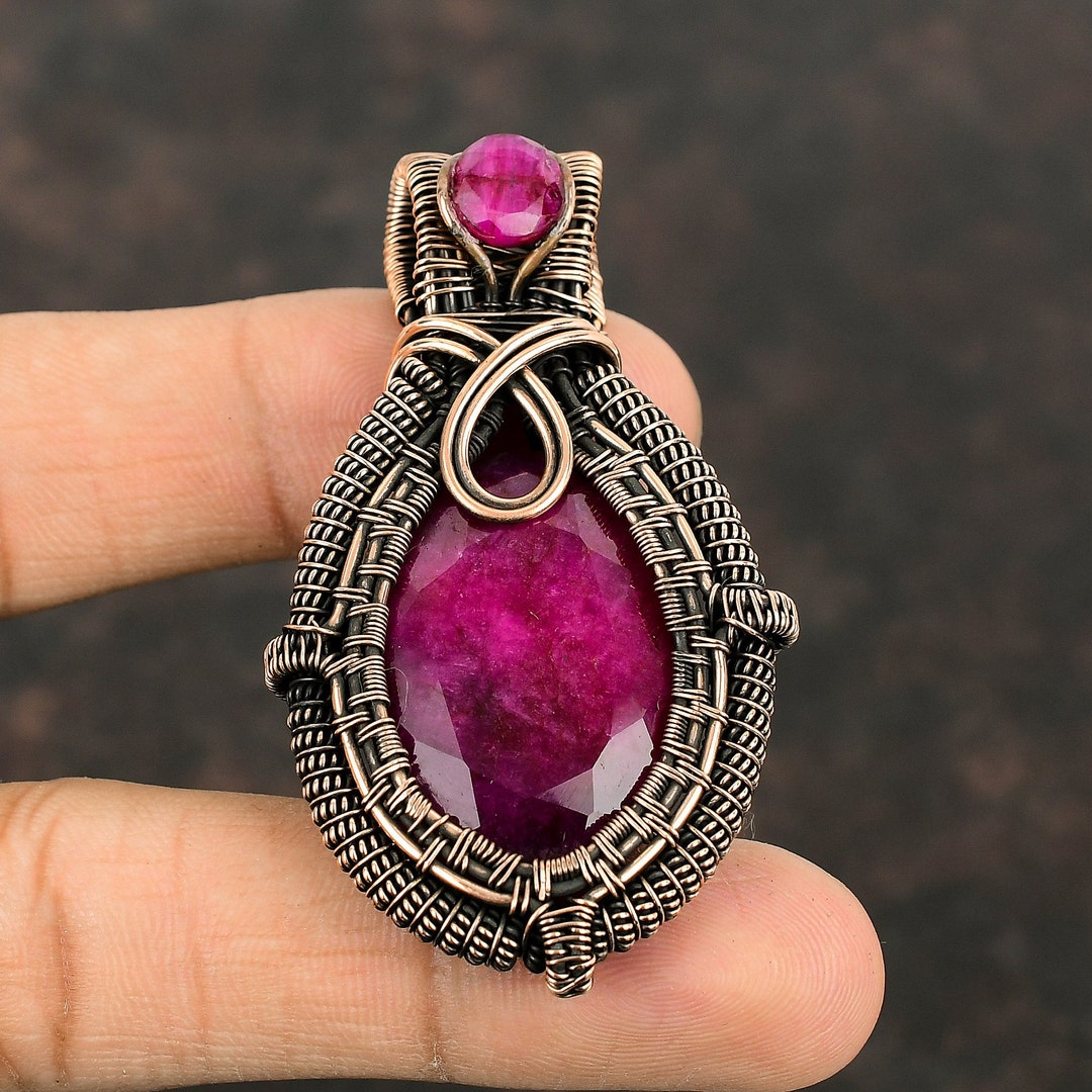 Faceted Kashmir Ruby Pendant Copper Wire Wrapped Pendant Handmade