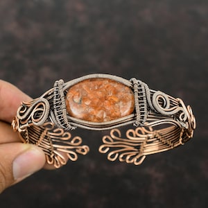 Sunstone Cuff Bracelet Copper Wire Wrapped Bangle Adjustable Bangle Sunstone Gemstone Stylish Jewelry Handmade Cuff Bracelet Wire Wrap Cuff