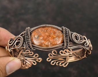 Sunstone Cuff Bracelet Copper Wire Wrapped Bangle Adjustable Bangle Sunstone Gemstone Stylish Jewelry Handmade Cuff Bracelet Wire Wrap Cuff