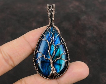 Tree Of Life Neon Flash Labradorite Pendant Copper Wire Wrapped Pendant Handmade Gemstone Pendant Copper Wire Wrapped Jewelry Gift For Her