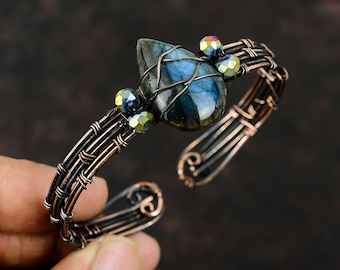Wire Wrapped Labradorite Cuff Titanium Beads Bracelet Copper Wire Wrapped Jewelry Adjustable Cuff Bracelet Gemstone Jewelry Handmade Bangle